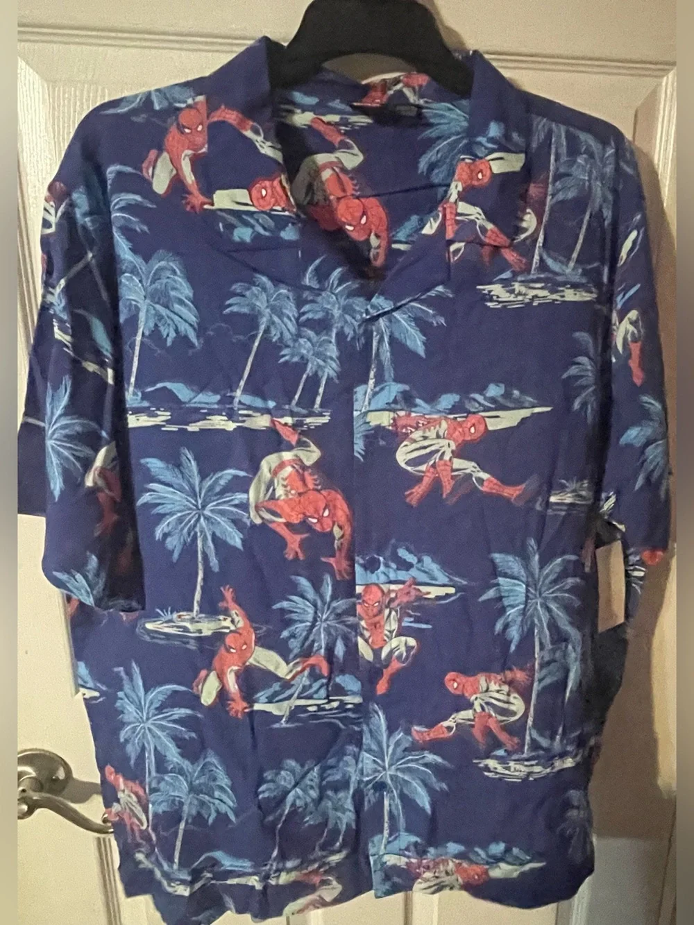 Marvel Spider-Man Blue  Tropical Hawaiian Camp Button Up Shirt Men’s 2XL NWT